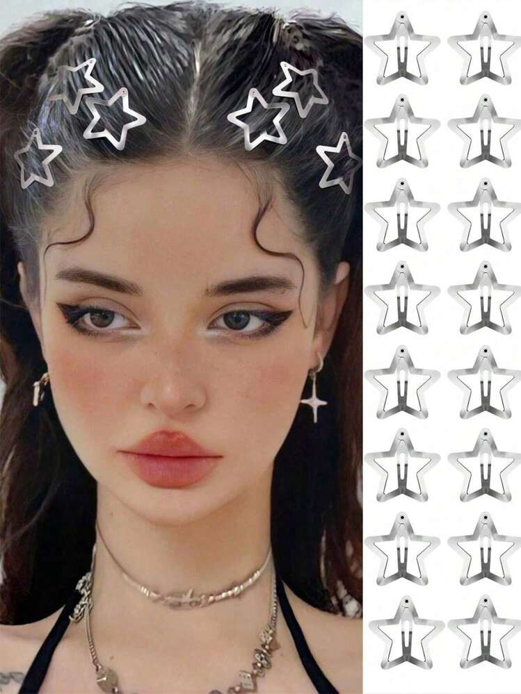 20pcs Star Shaped Hair Clips, 2000s Y2K Style Snap Grip Star Hairpins, Silver Metal Hair Accessor... | SHEIN