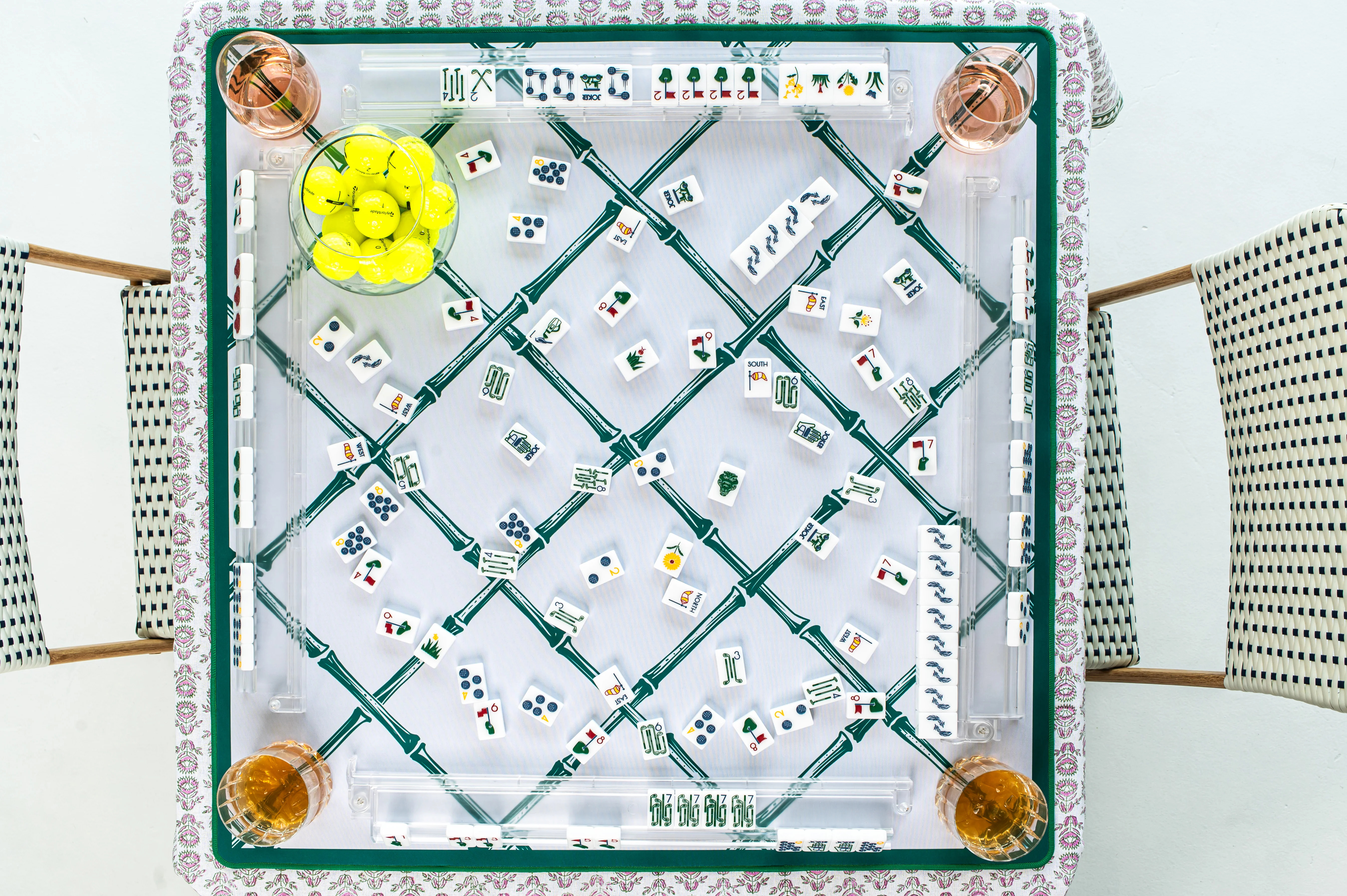 Mahjong Game Mat | Tennis White Mat with Green Bamboo Trellis | Southern Sparrow