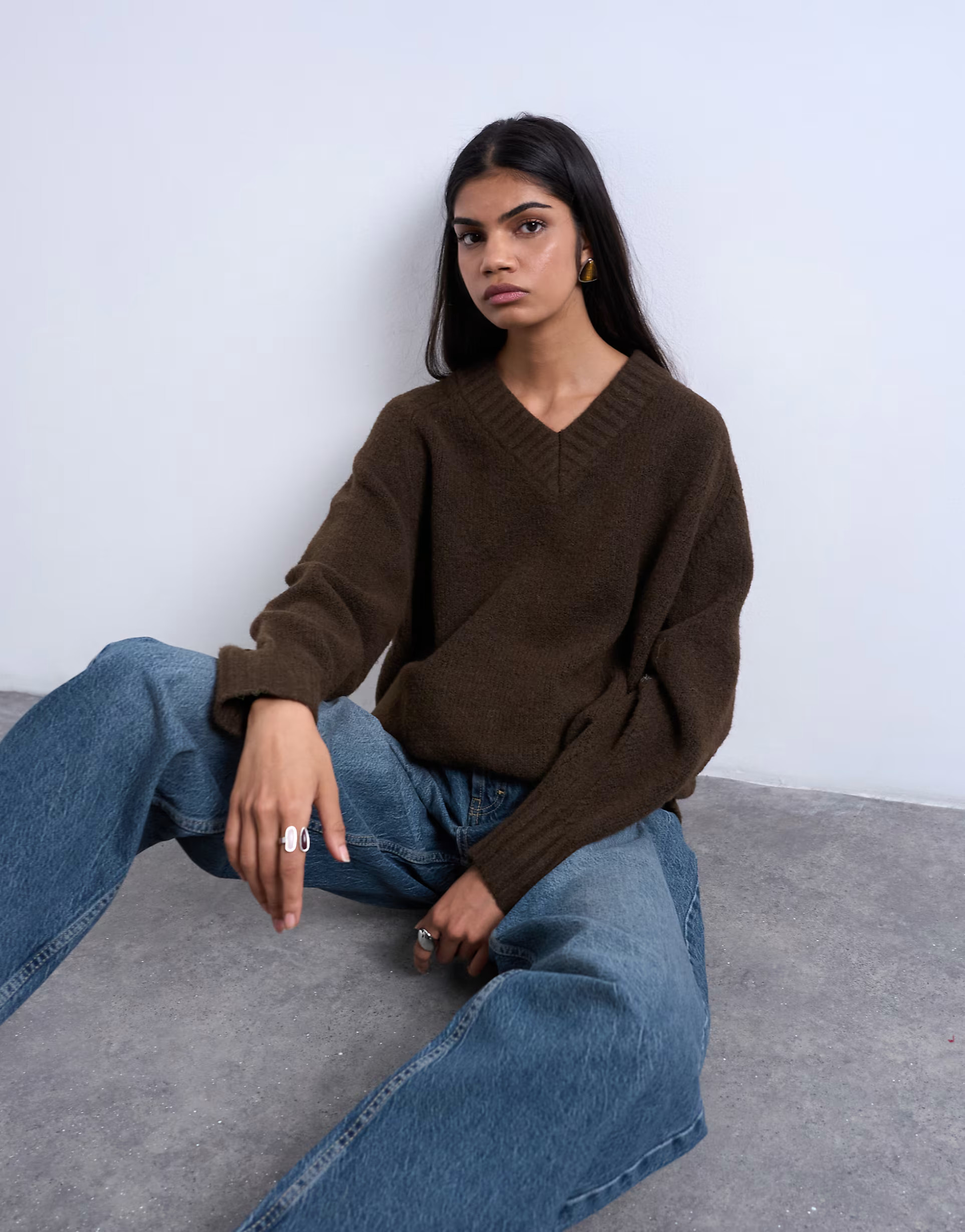 Topshop knitted clean v-neck jumper in chocolate | ASOS | ASOS (Global)