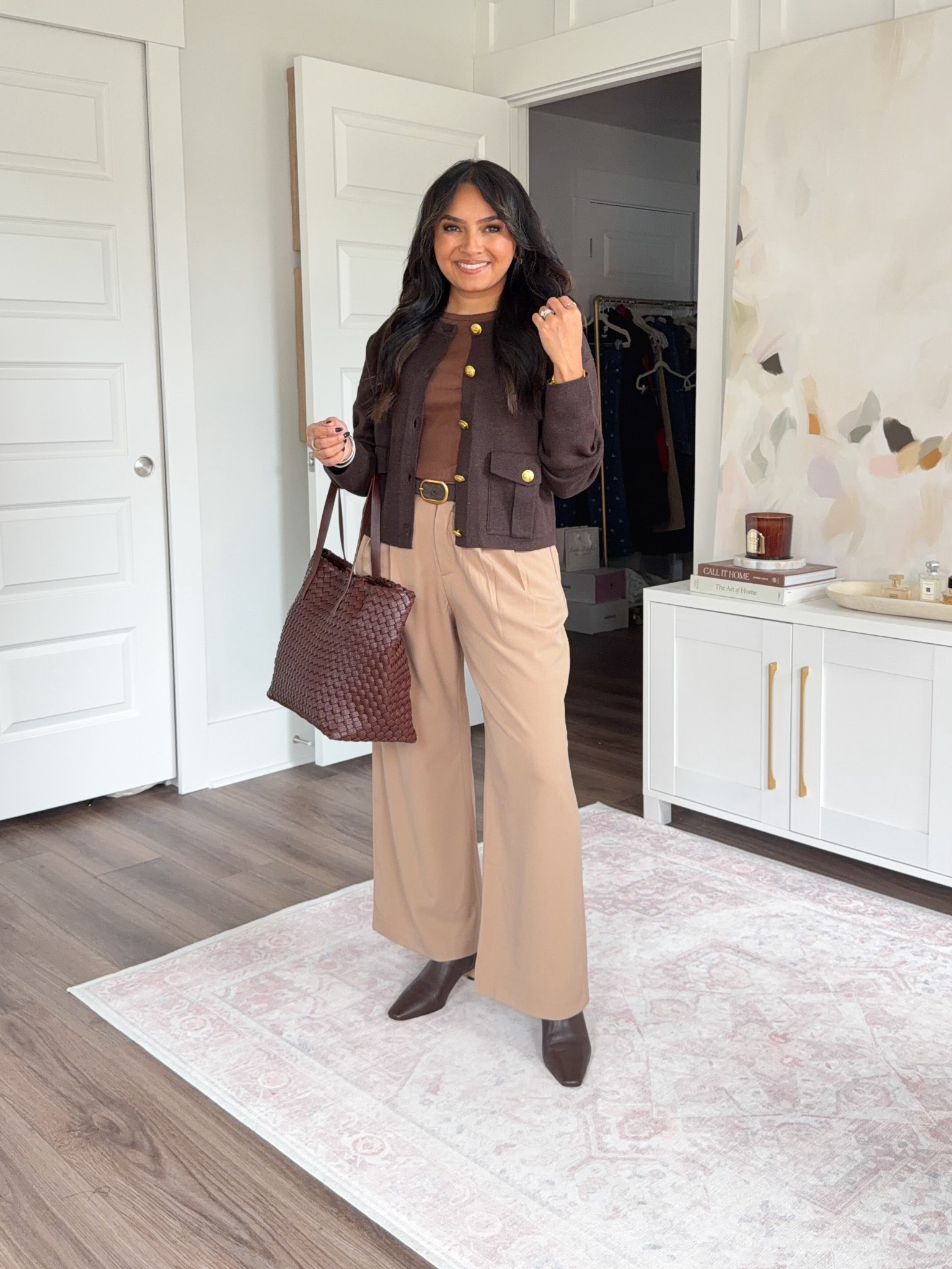 Terra brown cardigan size xs petite TTS
Brown long sleeve tee size small TTS
Camel hair tan pleated trouser pants size 2 petite TTS
Dark brown belt size 27-31” TTS
Brown boots size 5.5 TTS


#LTKSaleAlert #LTKPetite #LTKWorkwear
