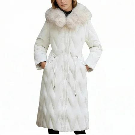 Women s Thicken Down Coat Long Quilted Puffer Jacket Warm Winter Clothing with Faux Fur Collar White M | Walmart (US)