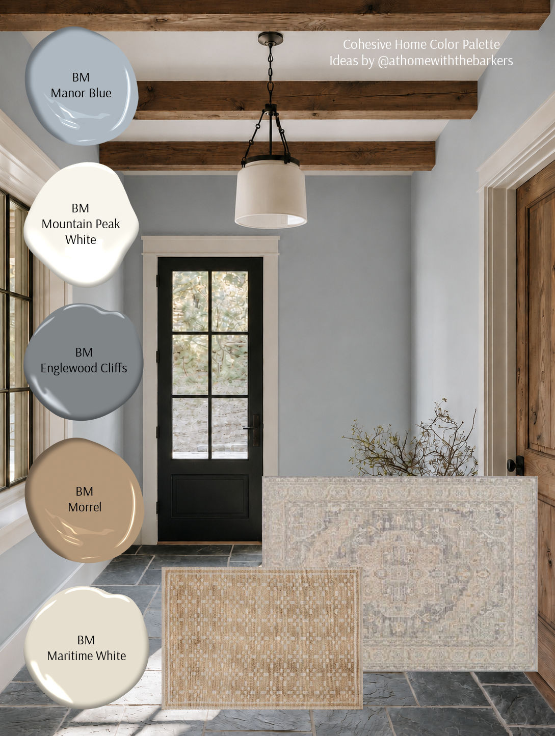 airy blue entryway with black door and wood beams, paint color and rug pairings 

 #LTKHome #LTKSaleAlert