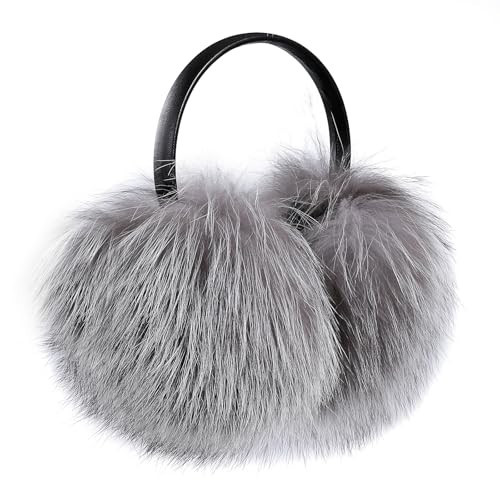 BOONJOVIA Women's Winter 100% Fox Fur Earmuffs Genuine Raccoon Fur Ear Warmer Adjustable (Silver Fox Leather Band) | Amazon (US)