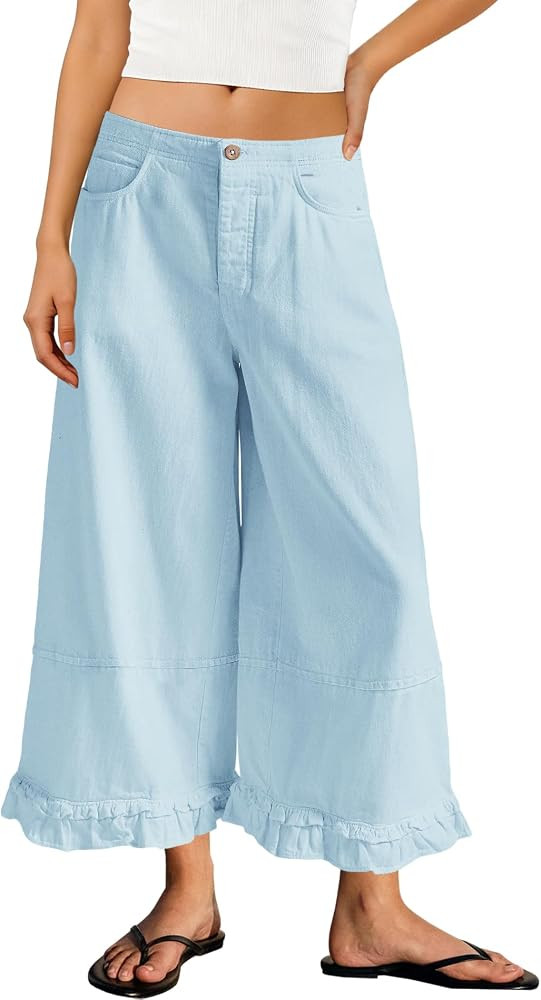 Panadila Womens Wide Leg Jeans Ruffle Cropped Pants Elastic Waist Flare Capri Jeans Baggy Denim P... | Amazon (US)