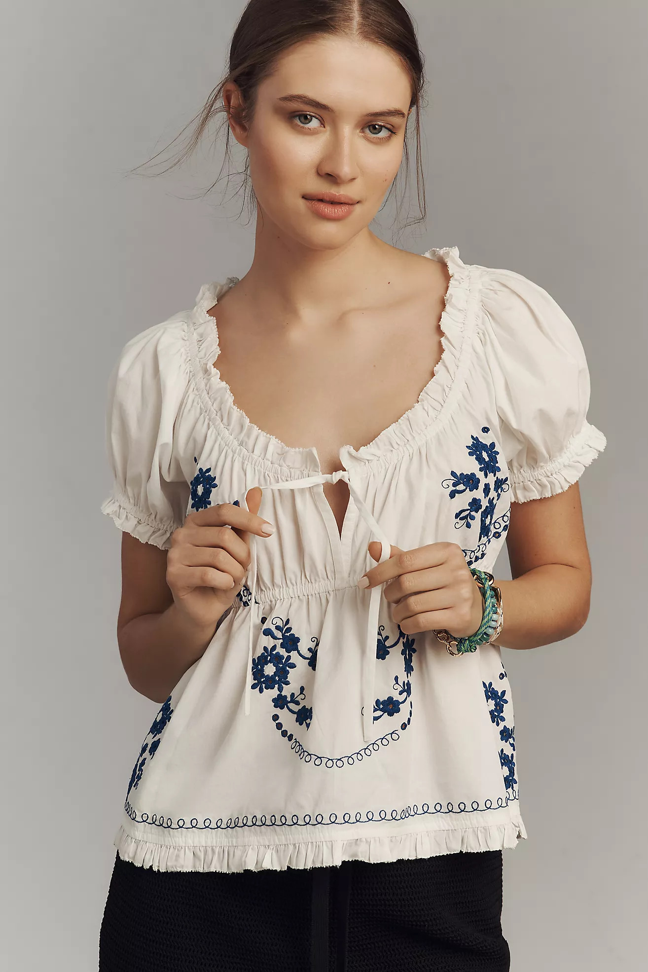 By Anthropologie Puff-Sleeve Embroidered Babydoll Top | Anthropologie (US)