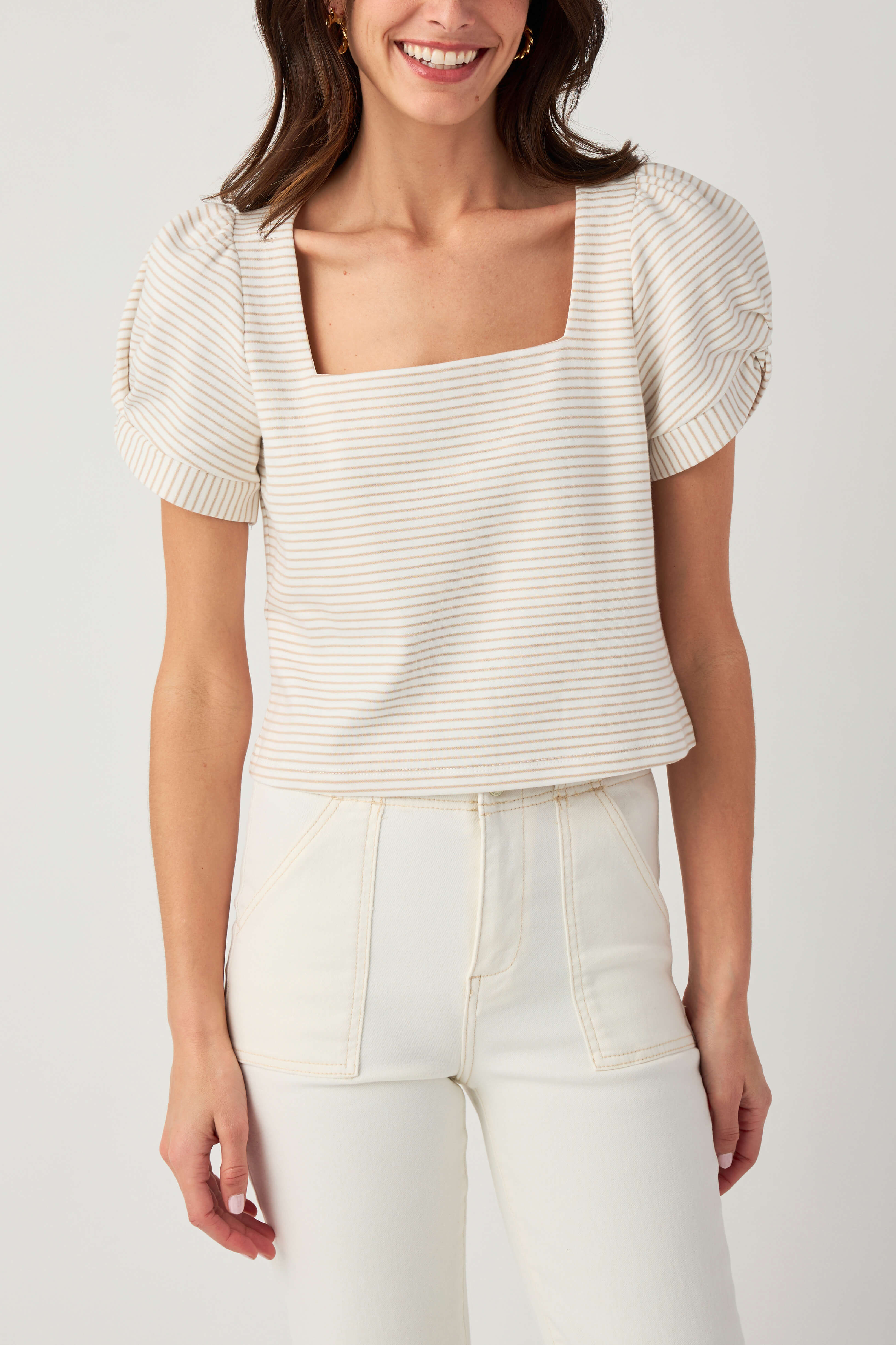 Skies Are Blue Knit Stripe Puff Sleeve Top | Social Threads