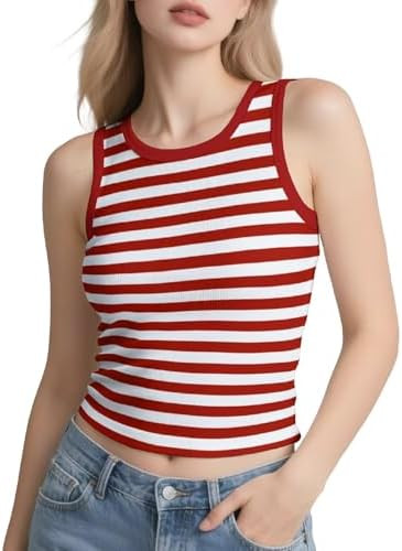 Womens Tank Top Striped Sleeveless Cami Tops - Ribbed Knit Slim Fit Summer Casual Shirts Crew Nec... | Amazon (US)