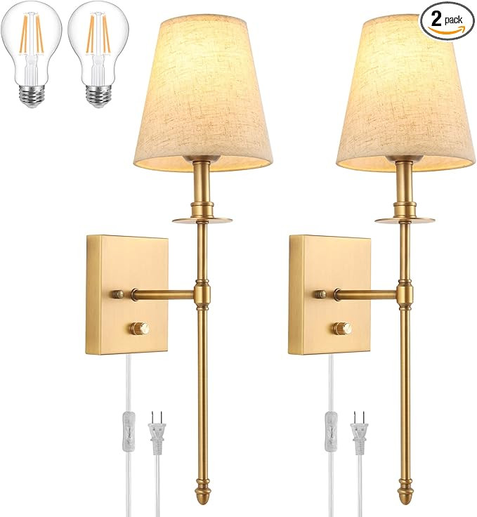 TRLIFE Dimmable Wall Sconces Set of 2, Wall Sconce Plug in Brushed Brass Wall Mounted Light Wall ... | Amazon (US)