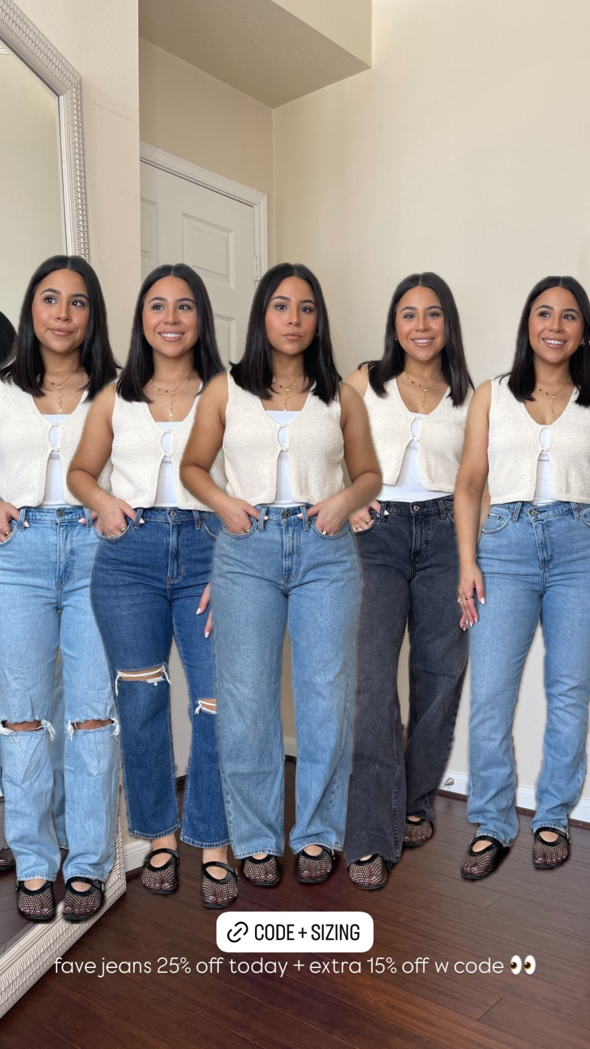 Abercrombie curve love denim 25% off + extra 15% off w code AFSUMMER 🫶🏼 Perfect petite friendly options

Abercrombie curve love jeans 
Pair 1: 26 short 
Pair 2: 26 short
Pair 3: 27 short
Pair 4: 26 short 
Pair 5: 27 short
Sweater vest: xs 
White tube top: small 
Black mesh ballet flats: 6.5 
Gold customized name necklace 