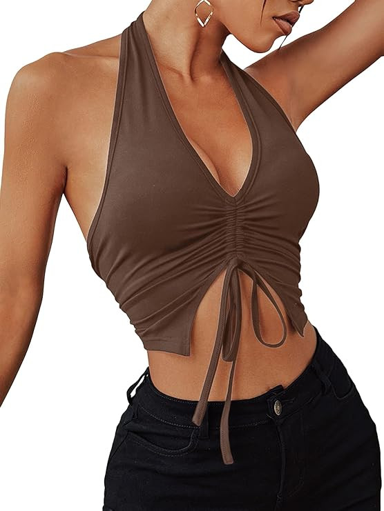 MakeMeChic Women's Tie Drawstring Front Sleeveless Halter Top V Neck Ruched Asymmetrical Crop Cam... | Amazon (US)