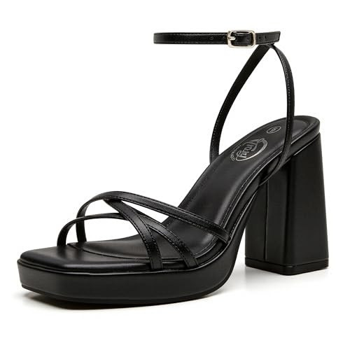 Trary Black Heels for Women, Square Toe Black Platform Sandals, 3 inch Black Strappy Heels, Black Chunky Heels for Women, Black Graduation Heels, Black Herls,Open Toe Prom shoes, Black Low Heels, 7 | Amazon (US)