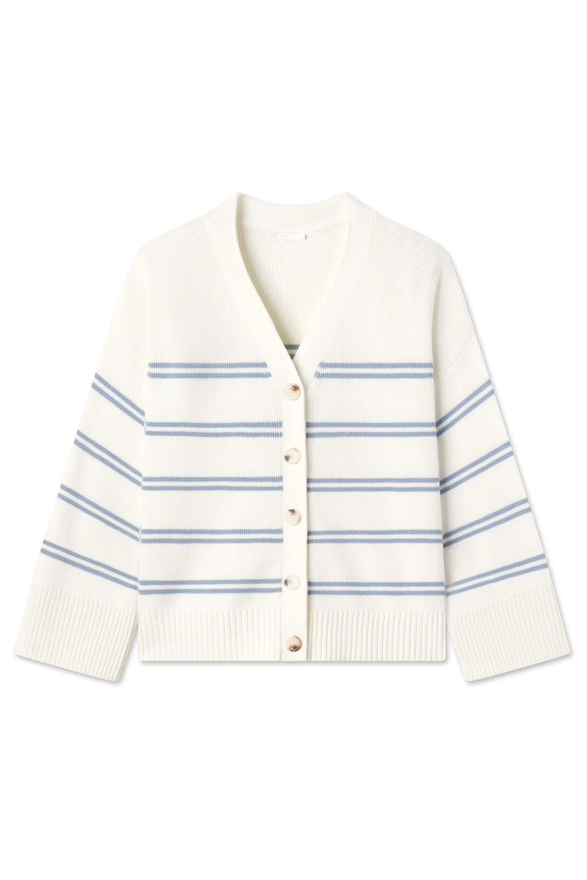 Nora Cotton Cardigan in Ivory Dusty Blue Stripe | Lake Pajamas