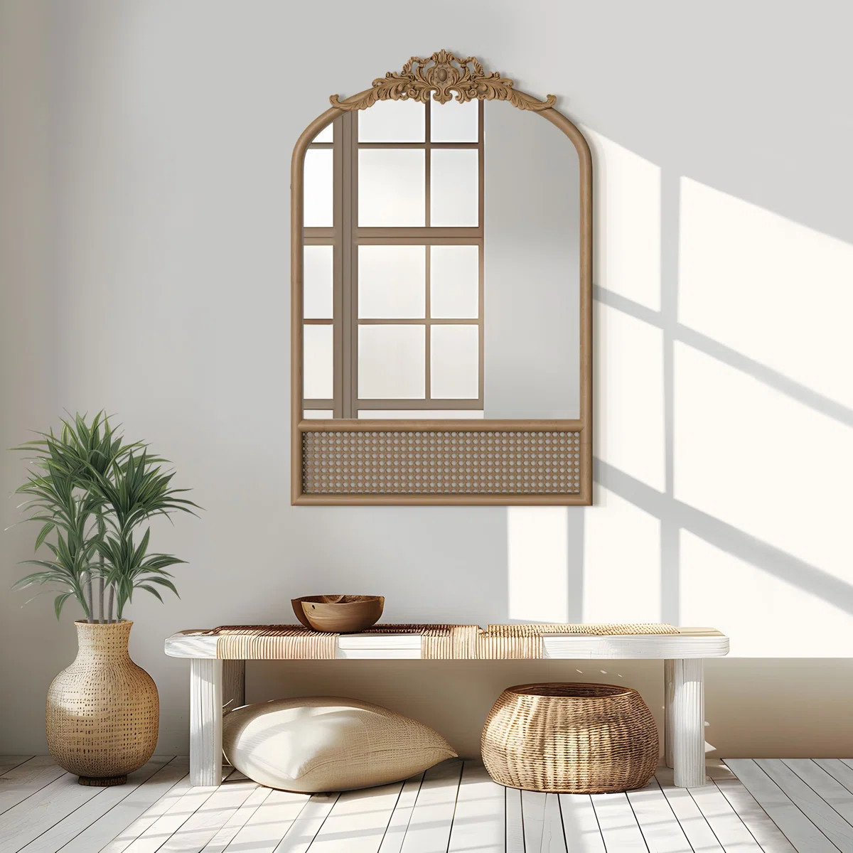 Arch Rattan Wood Mirror with Carved Design | Wayfair North America