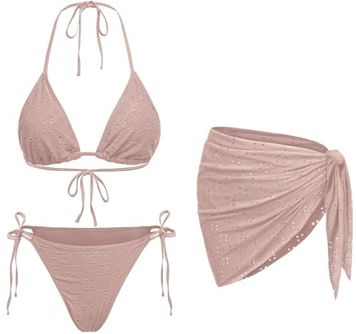 Grey Pink Women 3 Piece Swimsuits - Sexy Triangle Bikini Sets with Cover Up Halter String Tie Side Bathing Suits L | Amazon (US)