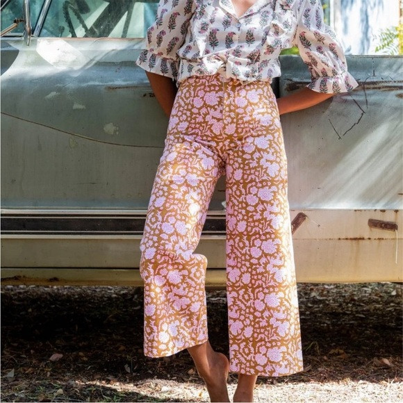 SZ Blockprints Camel Nila Print Disco Pant S Ankle Crop Flare Boho Floral India | Poshmark
