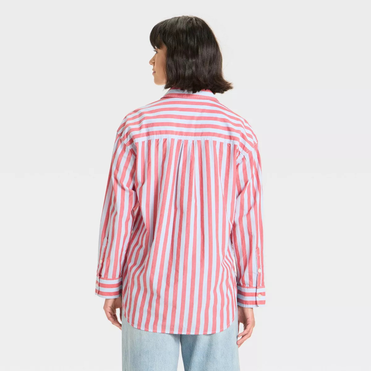 Women's Oversized Long Sleeve Collared Button-Front Shirt - Universal Thread™ Red Striped L | Target