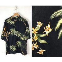 90S Palm Tree Floral Hawaiian Shirt Mens Xxl, Black Green Leaf Flower Print Shirt, Tropical Summer B | Etsy (US)