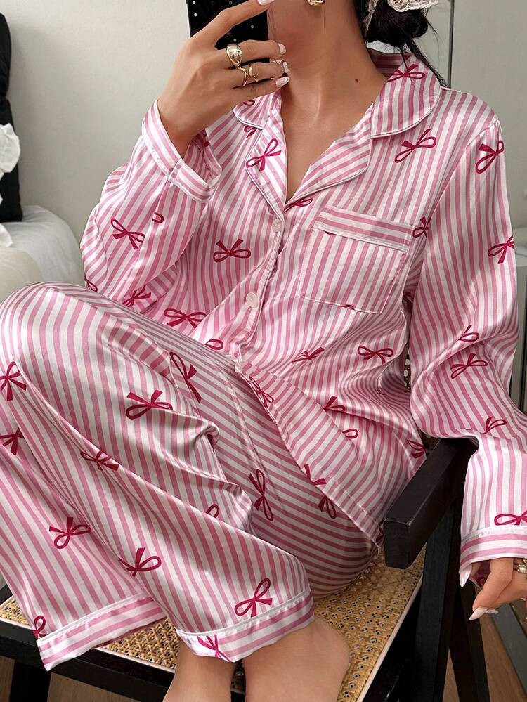 2pcs/Set Women Striped Long Sleeve Pajama Set, Winter Clothes | SHEIN