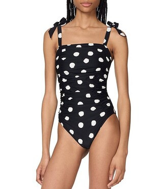 Dotted Print Square Neck Shirred Bandeau One Piece Swimsuit | Dillard's