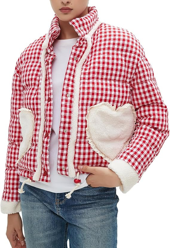 Womens Cropped Puffer Jacket Winter Gingham Plaid Button Down Long Sleeve Padded Coat with Heart ... | Amazon (US)