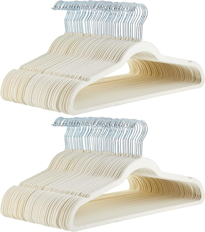 Amazon Basics Slim, Velvet, Non-Slip, Space-Saving Suit Clothes Hangers, Pack of 100, Ivory/Beige | Amazon (US)