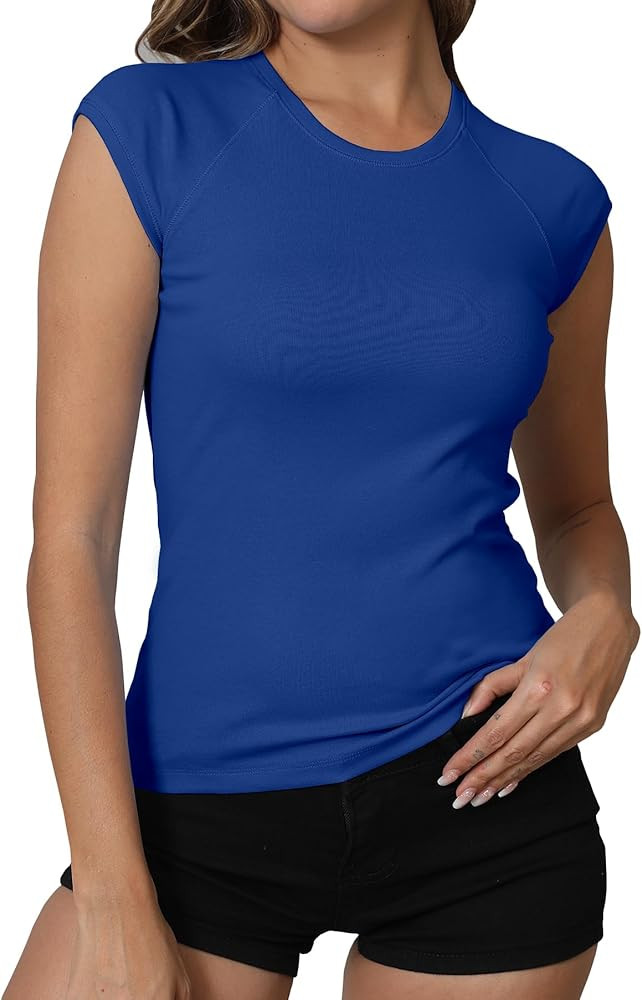 Dwnval Womens Cap Sleeve Crew Neck Shirts Y2K Slim Fit Ribbed Knited Crop Tops 2025 Summer | Amazon (US)