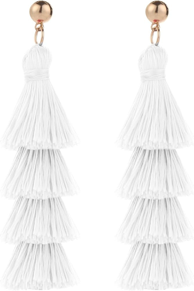 BaubleStar Tassel Earrings Handmade Tiered Thread Tassel Dangle Earrings, Multi Colors | Amazon (US)