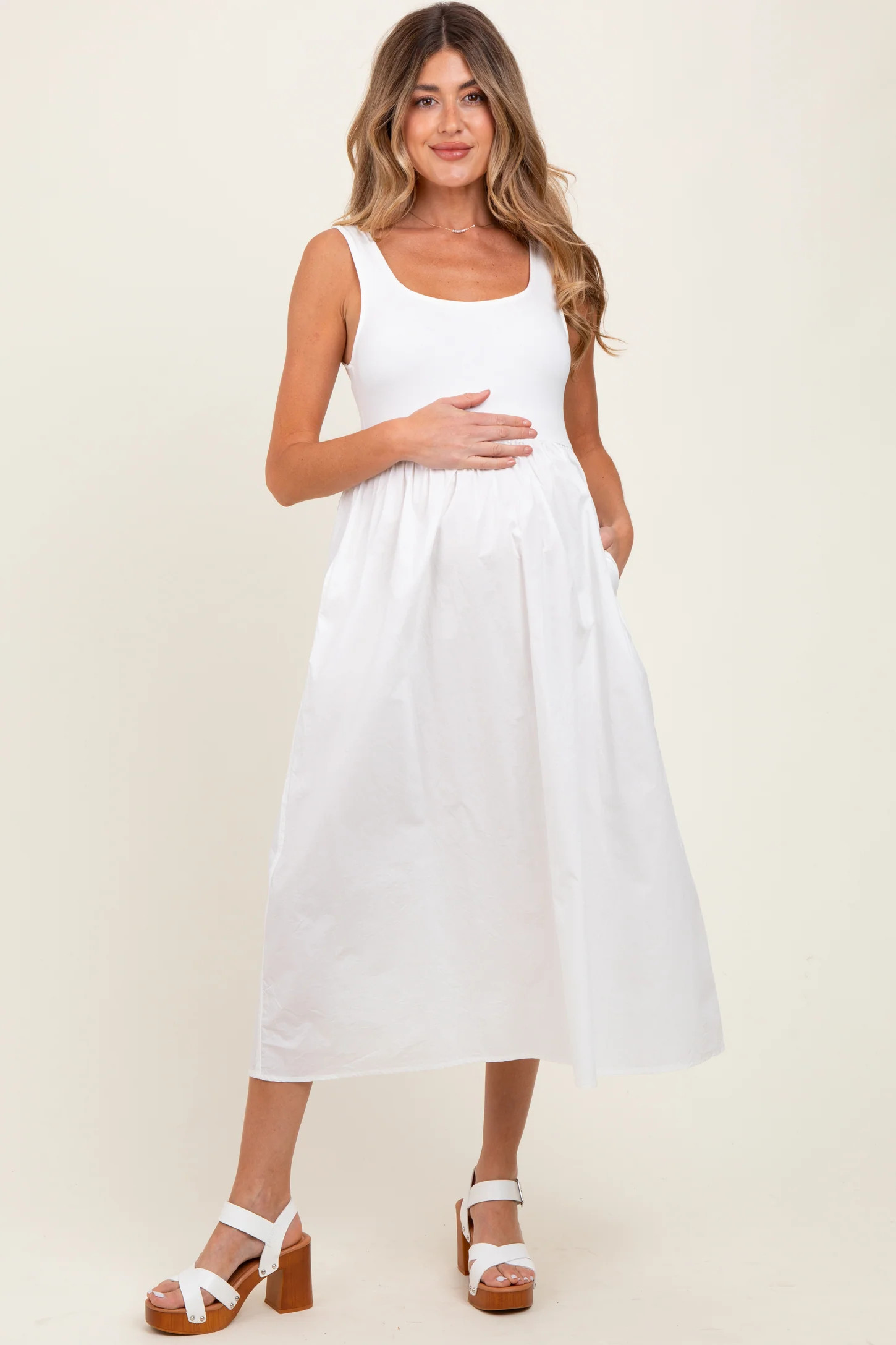 White Contrast Sleeveless Square Neck Maternity Midi Dress | PinkBlush Maternity