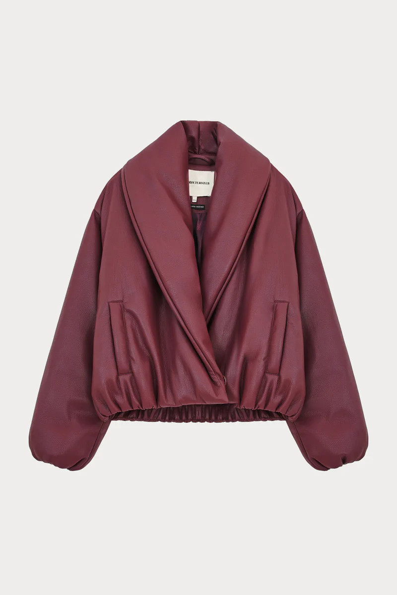 OVERSIZED COLLAR FAUX LEATHER PUFFER COAT - BURGUNDY | The Couture Club