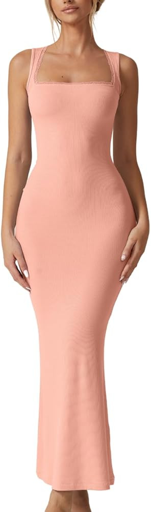 QINSEN Women's Square Neck with Lace Detail Long Maxi Dress Sleeveless Lounge Ribbed Full Length ... | Amazon (US)