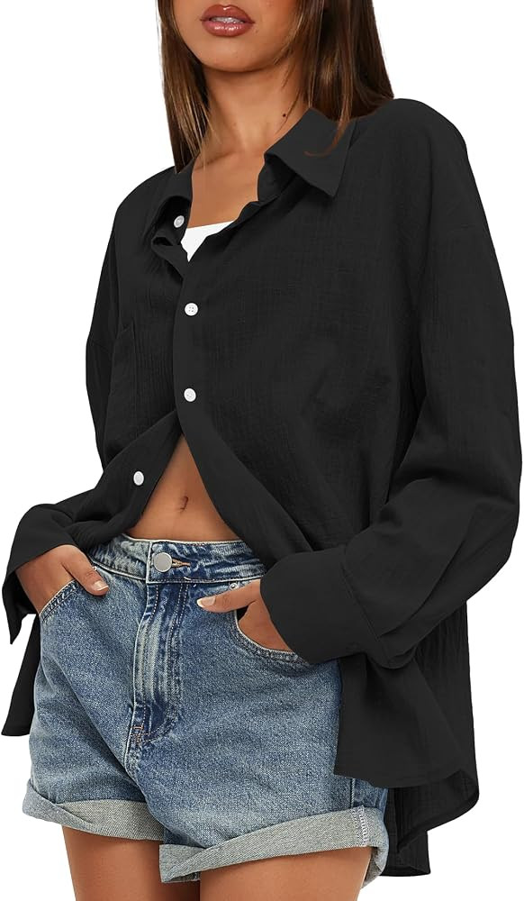 Darong Women's Button Down Long Sleeve Shirts Cotton Blend Casual Oversized Boyfriend Loose Fit B... | Amazon (US)