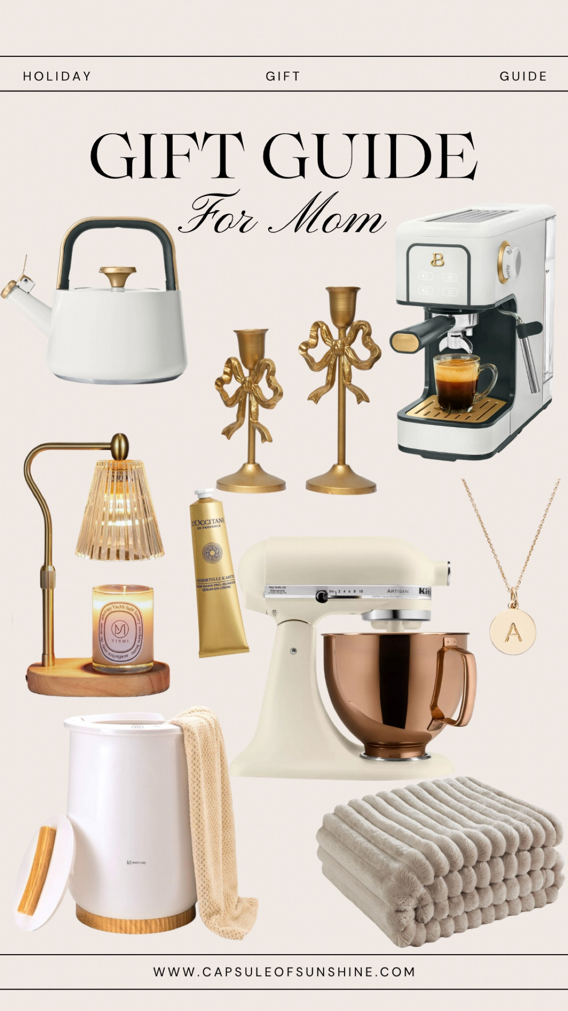 Looking for the perfect gift for mom? This list has all the cozy, chic, and practical things she’ll love! The KitchenAid Stand Mixer is a dream for any baker, while the Brew Espresso Machine will level up her morning coffee game. She can stay warm and relaxed with the Cozy Throw Blanket and L’Occitane Hand Cream—pure luxury! The Candle Warmer Lamp sets the perfect vibe, and the Gold Bow Candlesticks add an elegant touch to her space. For tea lovers, the Modern White Tea Kettle is a must, and the Towel Warmer? Total spa vibes at home! Complete the gift with a Personalized Initial Necklace for a thoughtful touch. She’ll love these! ✨🎁