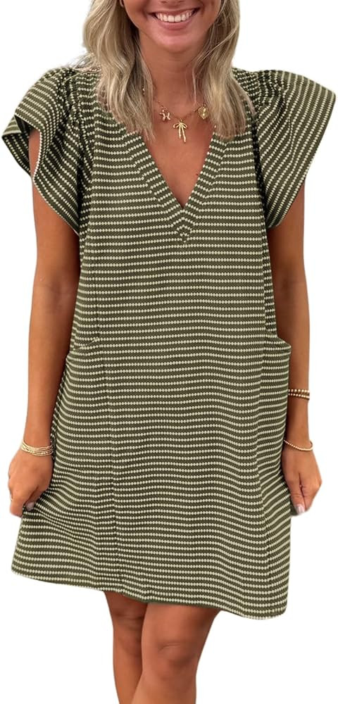 Mieazom Striped V-Neck Mini Dress for Women Puff Sleeve Casual Dress with Pockets, Comfortable & ... | Amazon (US)