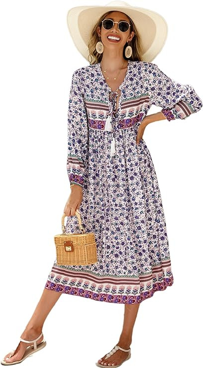 R.Vivimos Women's Long Sleeve Floral Print Retro V Neck Tassel Bohemian Midi Dresses | Amazon (US)