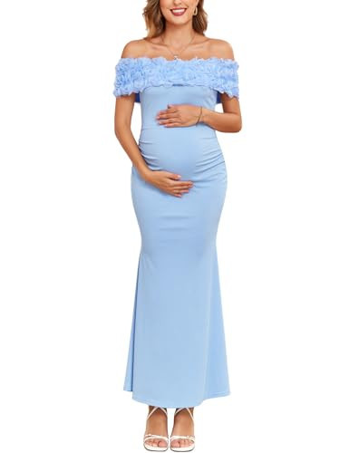 AISWI 3D Floral Off The Shoulder Maternity Dress Sexy Ribbed Mermaid Maxi Bodycon Pregnancy Dresses Baby Shower, Light Blue, Large | Amazon (US)