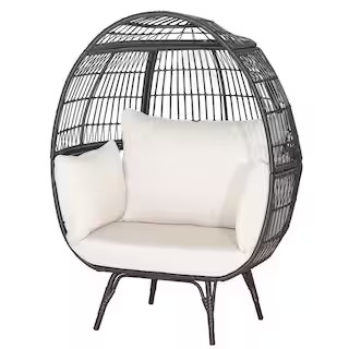 Wicker Patio Oversized Rattan Outdoor Lounge Chair Egg Chair Basket 4 Off White Cushion Indoor and Outdoor | The Home Depot