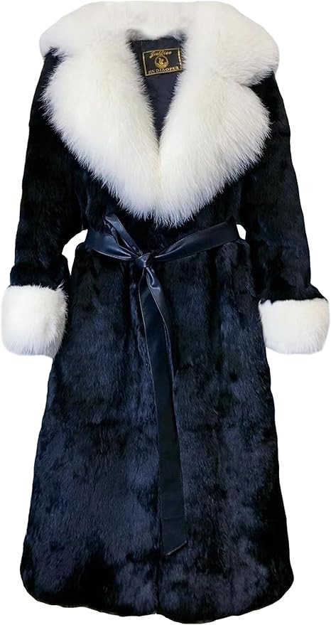 Women's Genuine Rabbit Fur Coat Long Winter Fur Jacket with Fox Fur Collar and Sleeve Cuffs | Amazon (US)