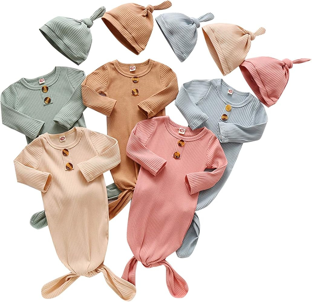 Baby Knotted Sleeper Gown Unisex Boys Girls Sleepsuits with Mitten Cuffs and Matching Hat Baby Comin | Amazon (US)