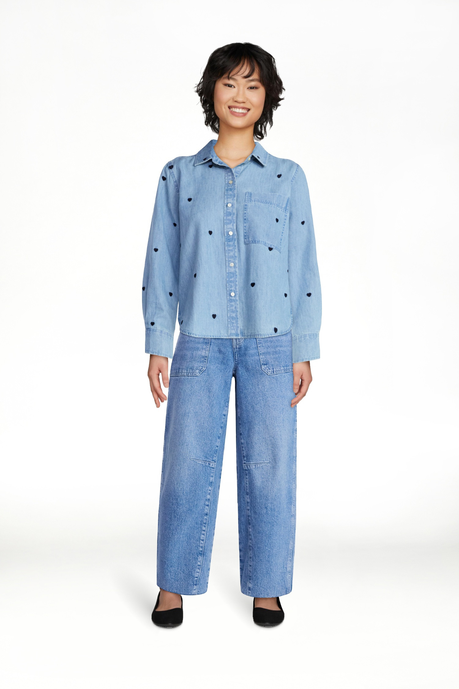 Free Assembly Women's and Women’s Plus Embroidered Hearts Denim Shirt with Long Sleeves, Sizes ... | Walmart (US)