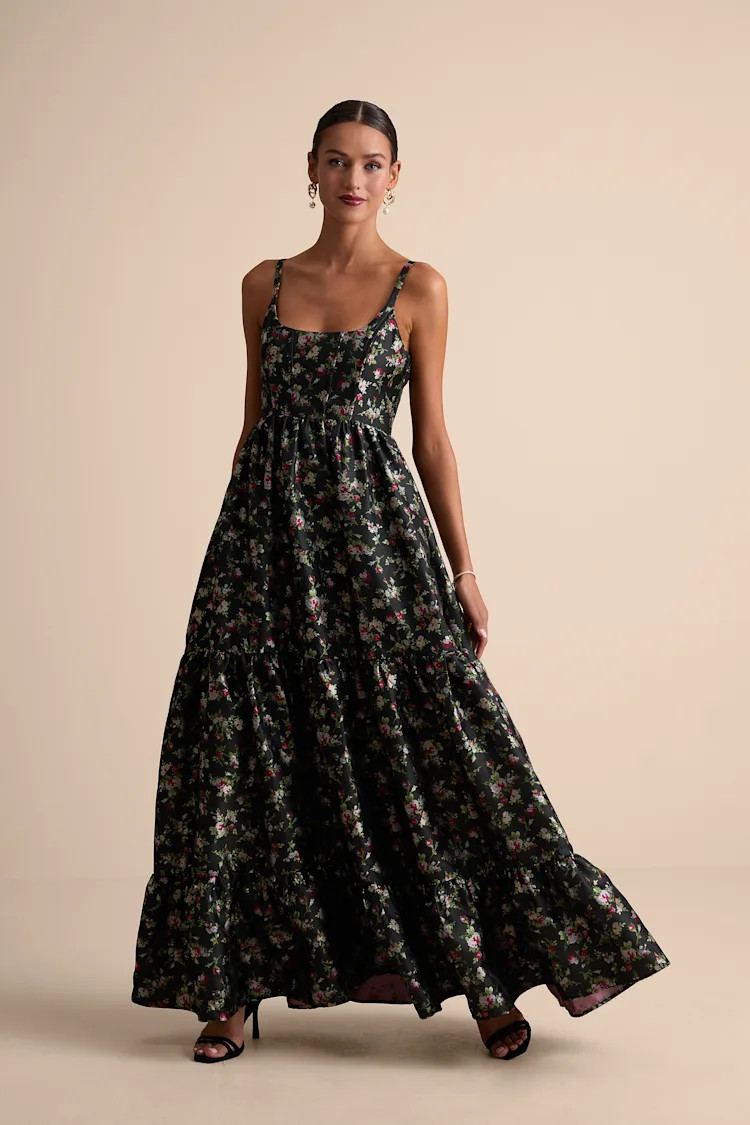 Avalie Black Floral Tiered Bustier Maxi Dress | Lulus