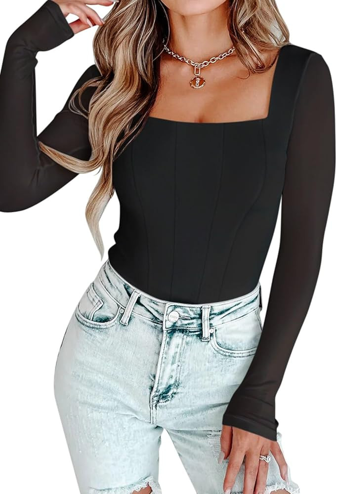PINKMSTYLE Womens Square Neck Mesh Long Sleeve Bodysuit Shapewear Corset Tops Sexy Concert Outfit... | Amazon (US)