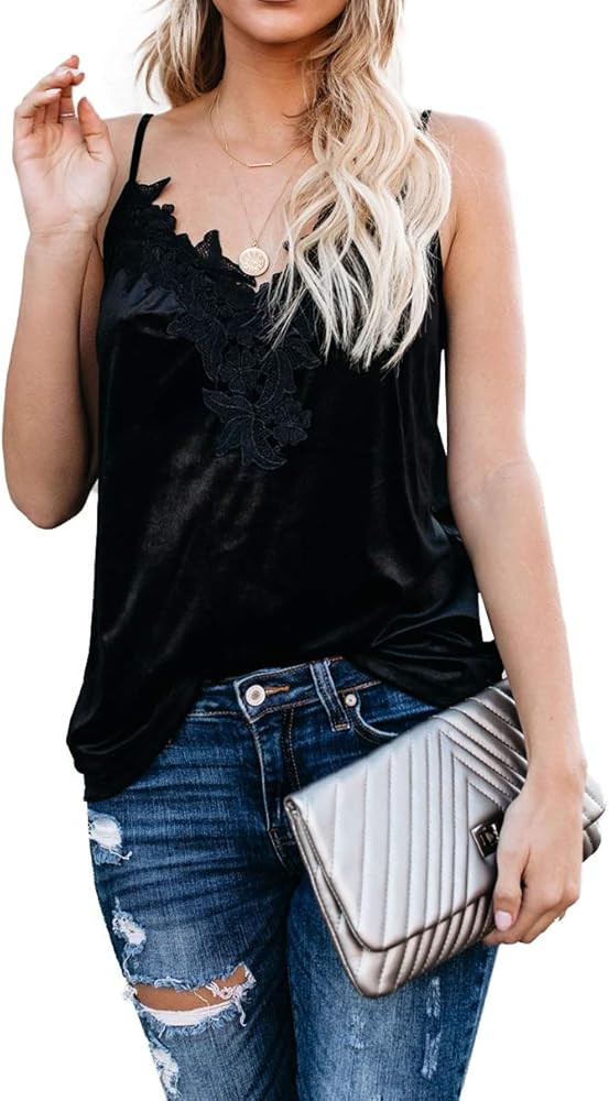 lime flare Women Sexy Velvet V Neck Lace Cami Tank Tops | Amazon (US)