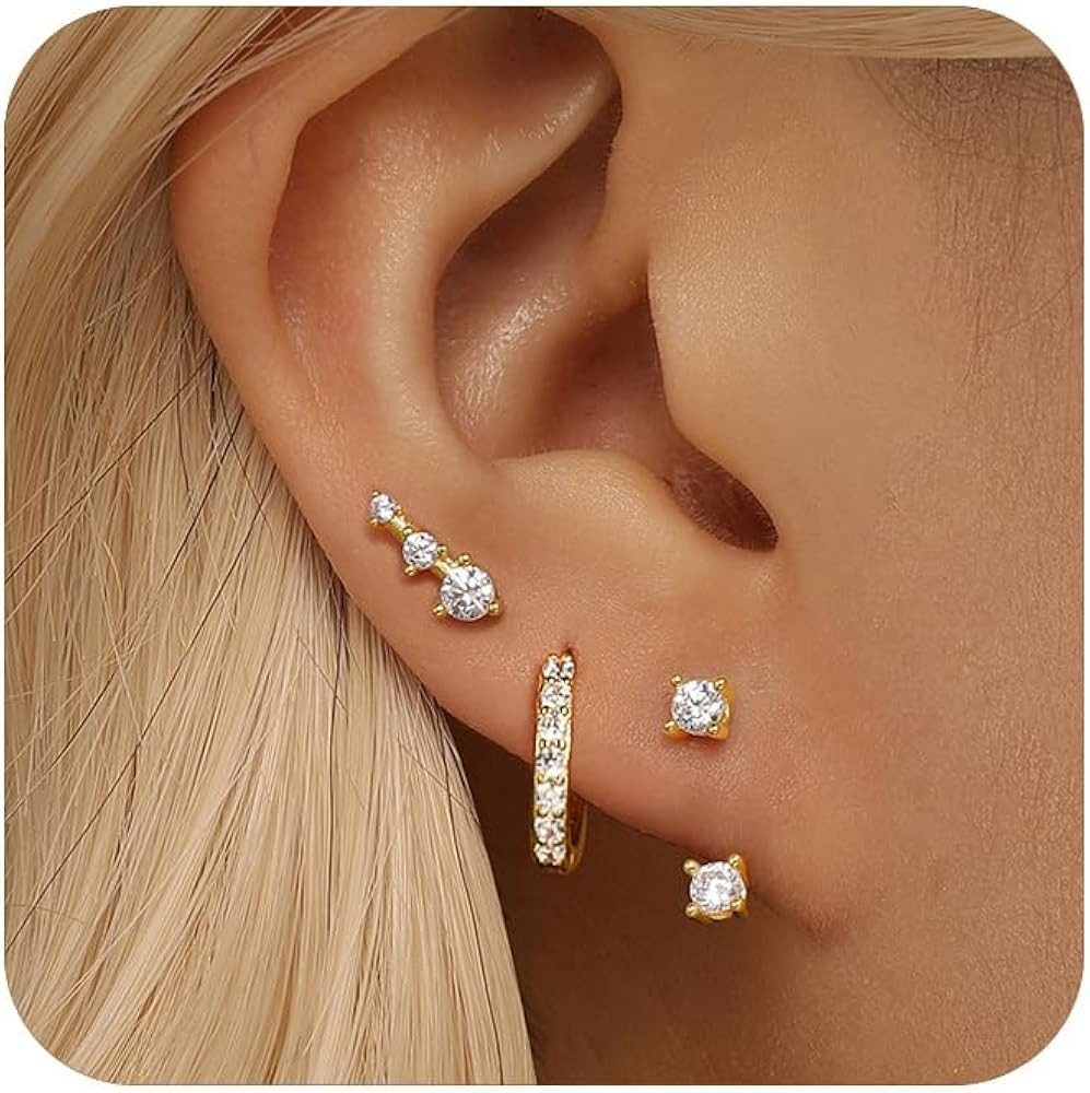 GEORGE · SMITH 3 pairs Hoop earring set for women, 14K Gold Plated Cubic Zirconia Ear Crawler Ea... | Amazon (US)