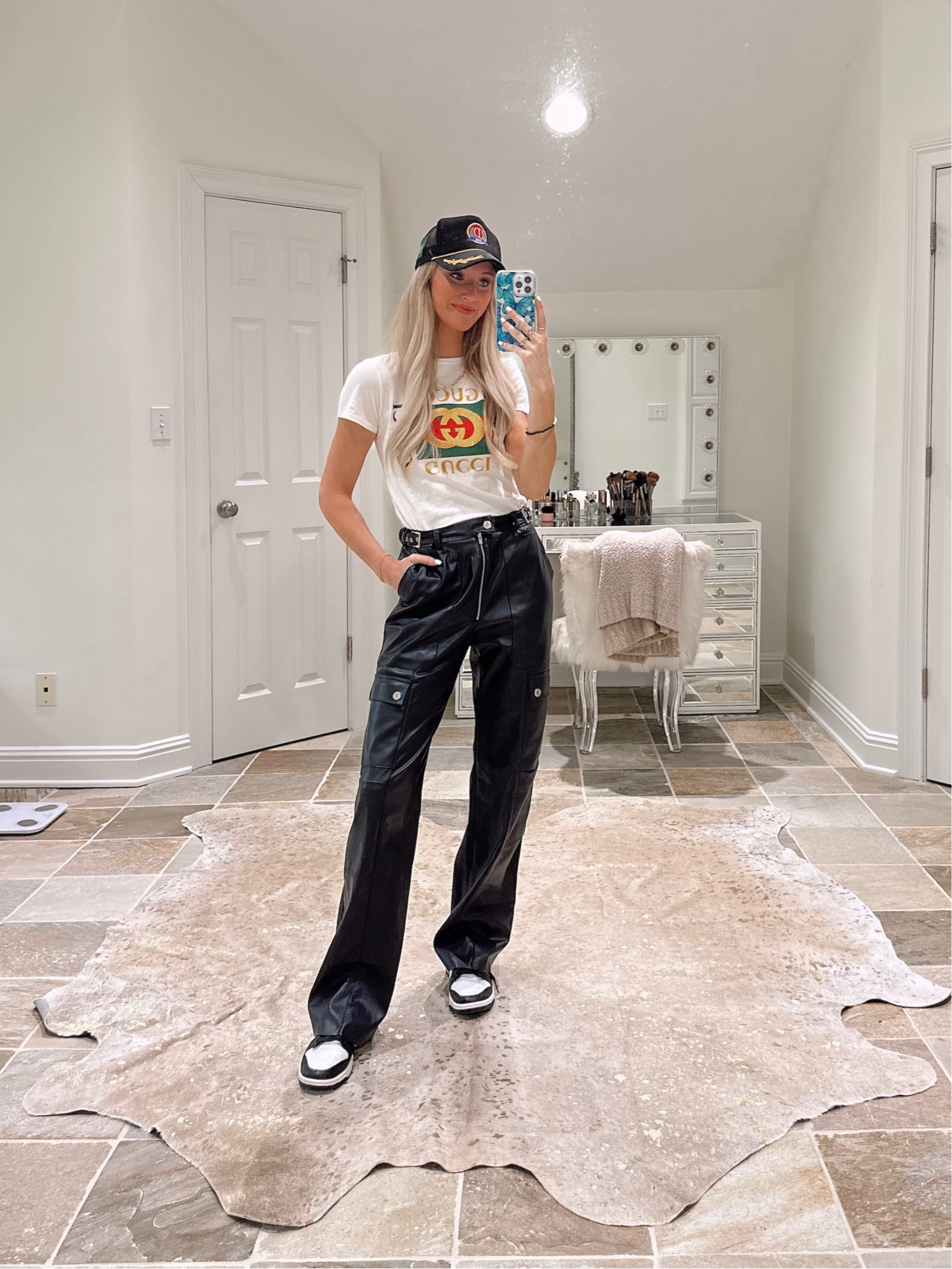 Gucci tee, leather cargo pants (size  26), Nike pandas, and revolve hat! 

#LTKunder100 #LTKstyletip #LTKshoecrush