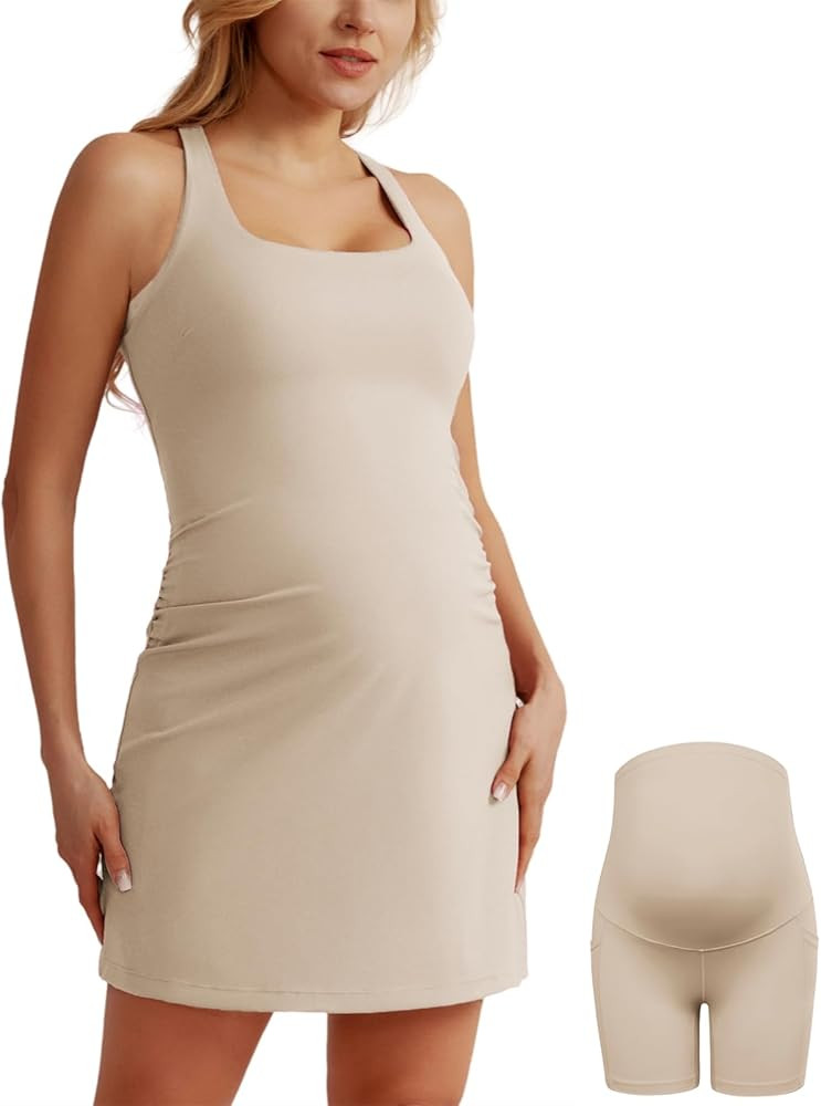 Maacie Maternity Tennis Dress with Shorts and Built in Bra Scoop Neck Sleeveless A-line Workout G... | Amazon (US)