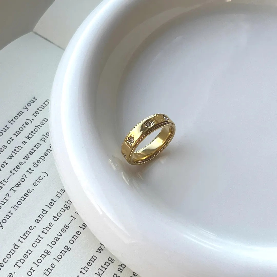 Gold Star Detail Band, 18K Plated Stainless Steel Crystal Ring - Etsy | Etsy (US)