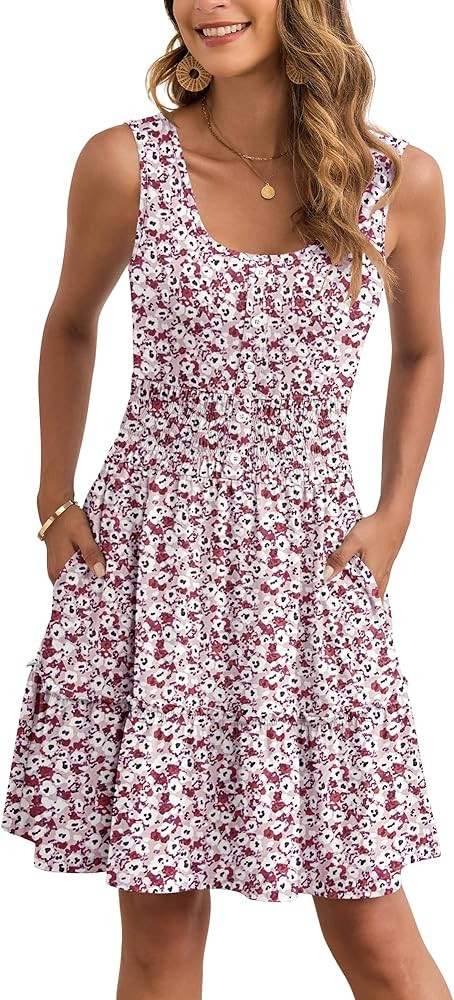 AUSELILY Women Summer Dress Sleeveless Tank Button Down Dresses Tiered Smocked Elastic Waist with... | Amazon (US)