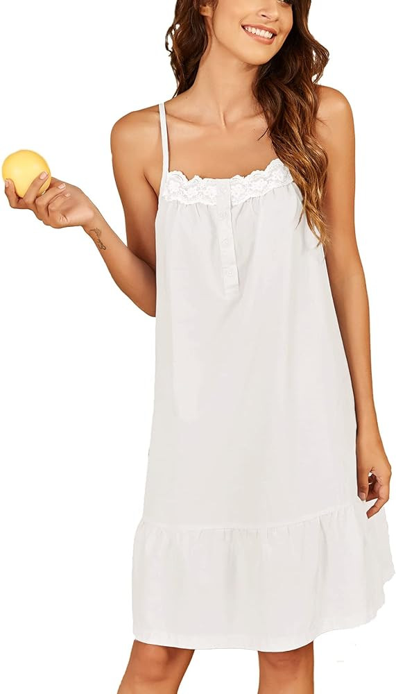Ekouaer Women's 100% Cotton Lace Nightgown Sleeveless Sleep Dress Victorian Sleepshirt Button Str... | Amazon (US)