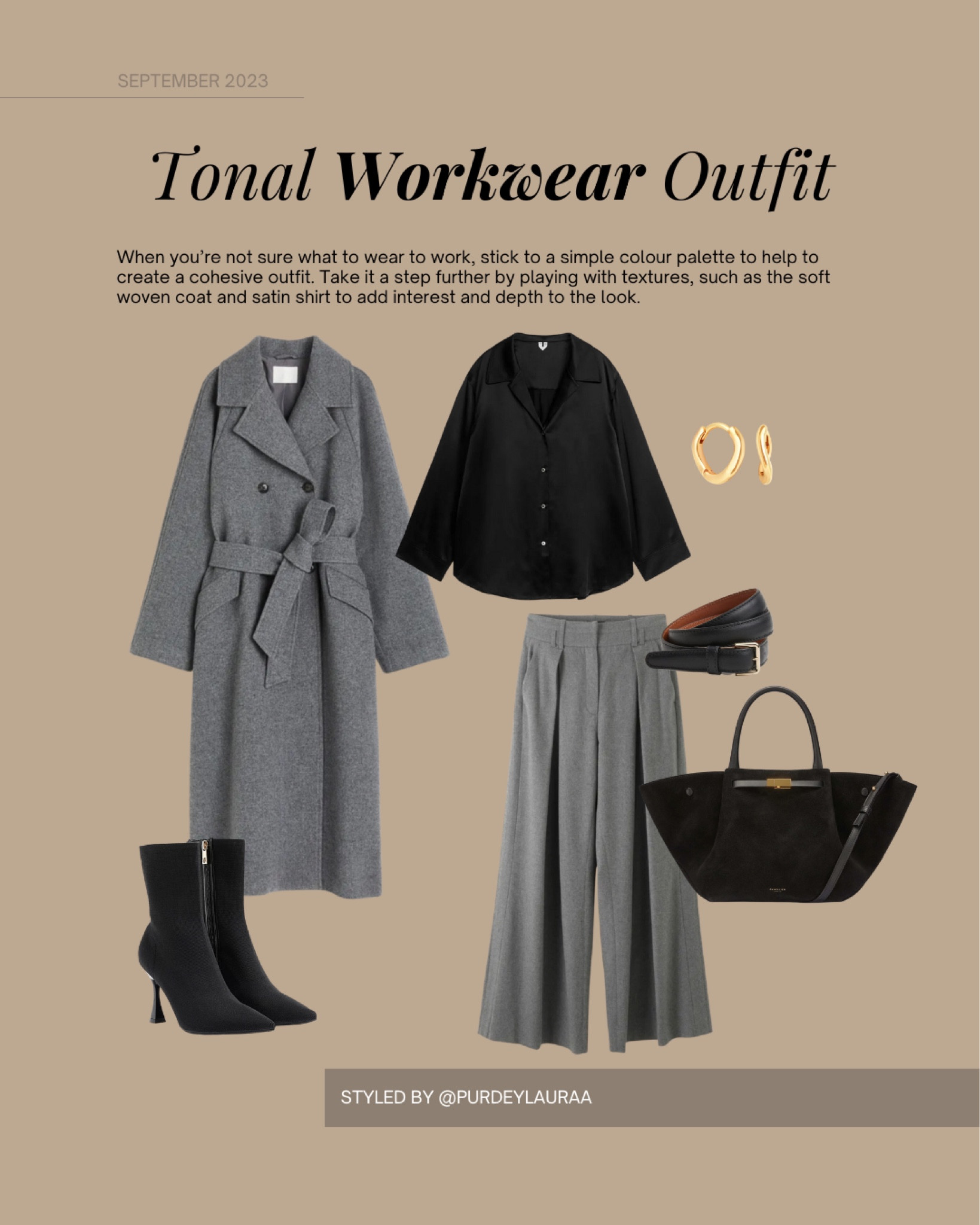 Tonal workwear outfit, grey coat, black stain shirt, grey wide leg trousers, black boots, autumn style 💻 

#LTKstyletip #LTKworkwear #LTKeurope