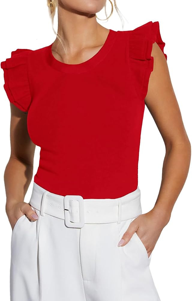 Ezbelle Women's Summer Tank Tops Ruffle Shirts Ribbed Knit Sleeveless Blouse Sexy Tshirt Trendy O... | Amazon (US)